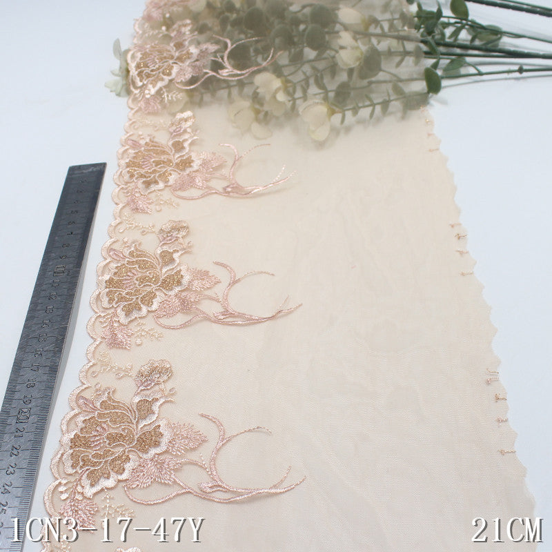 【1pack】-Freedombeauty | Champagne Gold Thread Unilateral Antique Flower Mesh Embroidery 21cm Clothing Home Textile Lace Accessories