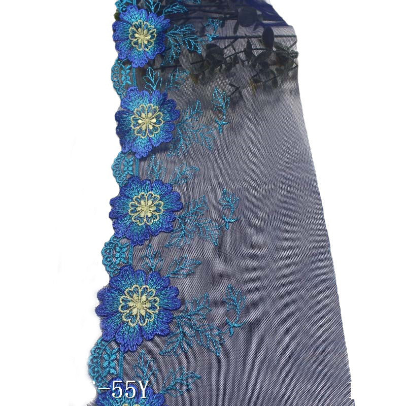 【1pack】-freedombeauty|Blue and Black Mesh Single Edge Textured Flower Embroidery Trim DIY Curtain Sofa Cushion Lace Trim Accessories