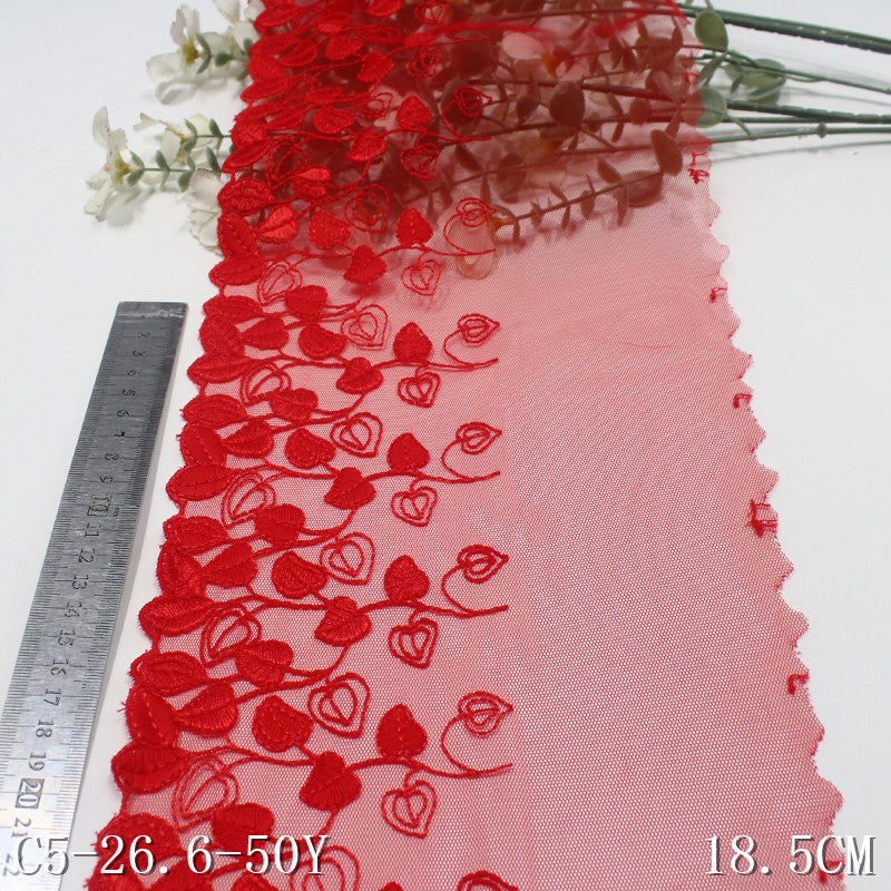 【1pack】-freedombeauty|Red Single-Sided Textured Heart Leaf Mesh Embroidery 18cm Clothing Home Textile Lace Trim DIY