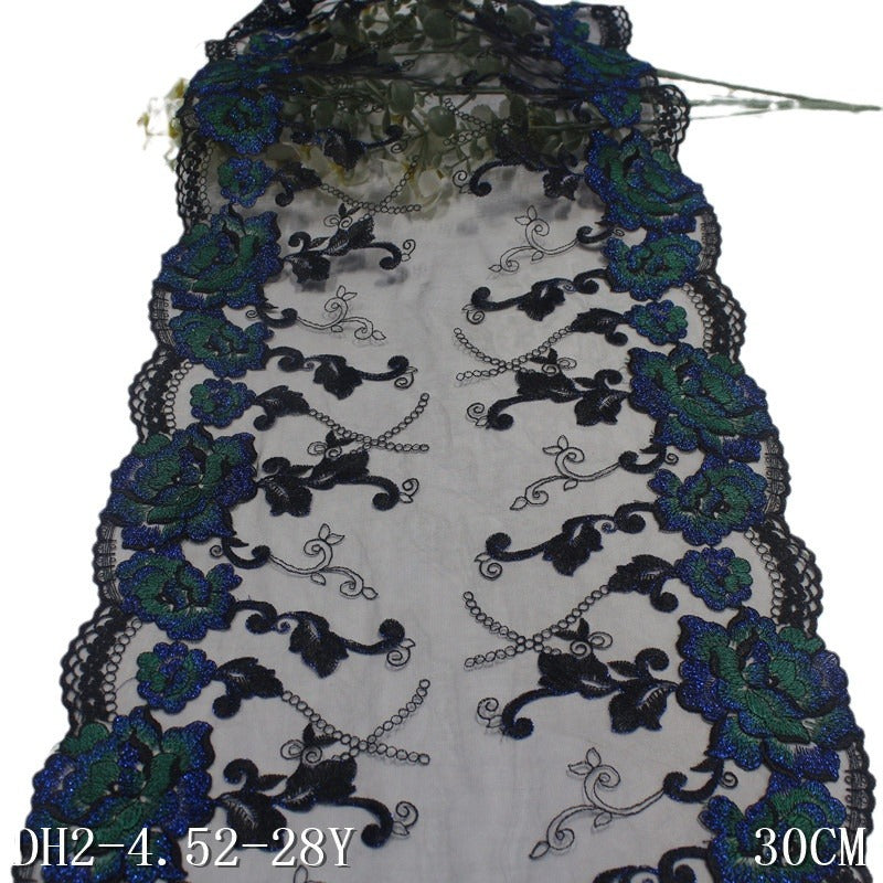 【1pack】-freedombeauty|Black Vintage Double-Sided Silver Thread Flower Embroidery Trim Curtain Clothing 30cm Lace Trim DIY Accessories