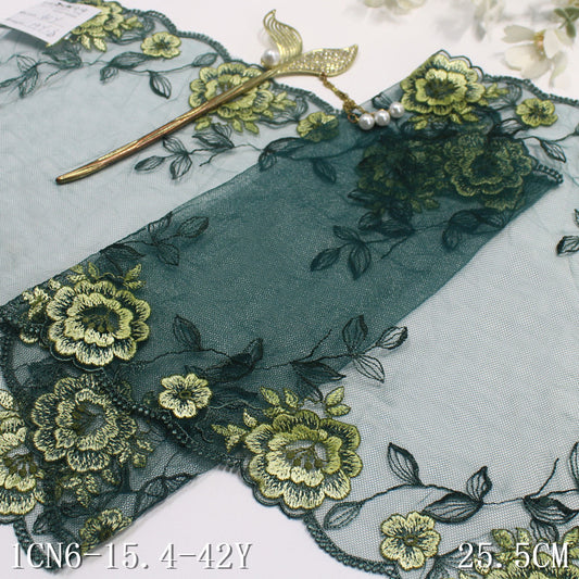【1pack】-freedombeauty|Green Mesh Double-Sided Champagne Color Flower Embroidery Lace Trim for Lingerie and Curtain 25cm Lace Trim Accessories