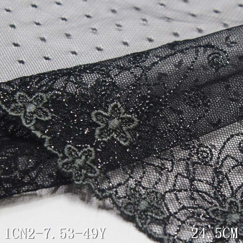 【1pack】-freedombeauty|Black with Silver Thread Polyester Flower Lace Mesh Embroidery Trim Curtain Textile Accessories