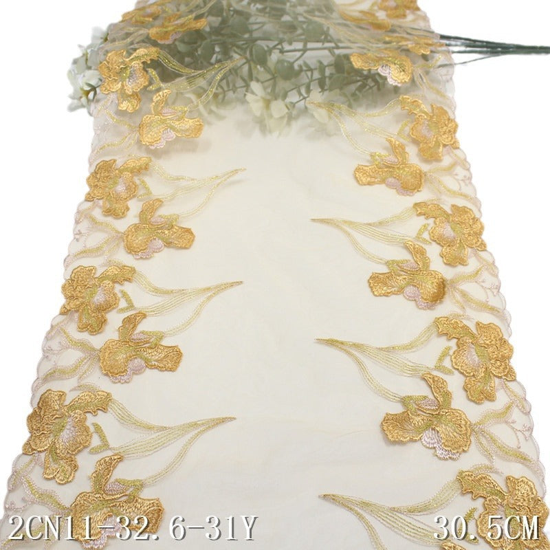 【1pack】-freedombeauty|Yellow Mesh Ancient Style Double-Sided Gold Thread Embroidery Wide Lace Trim Performance Costume Curtain Lace Trim Accessories