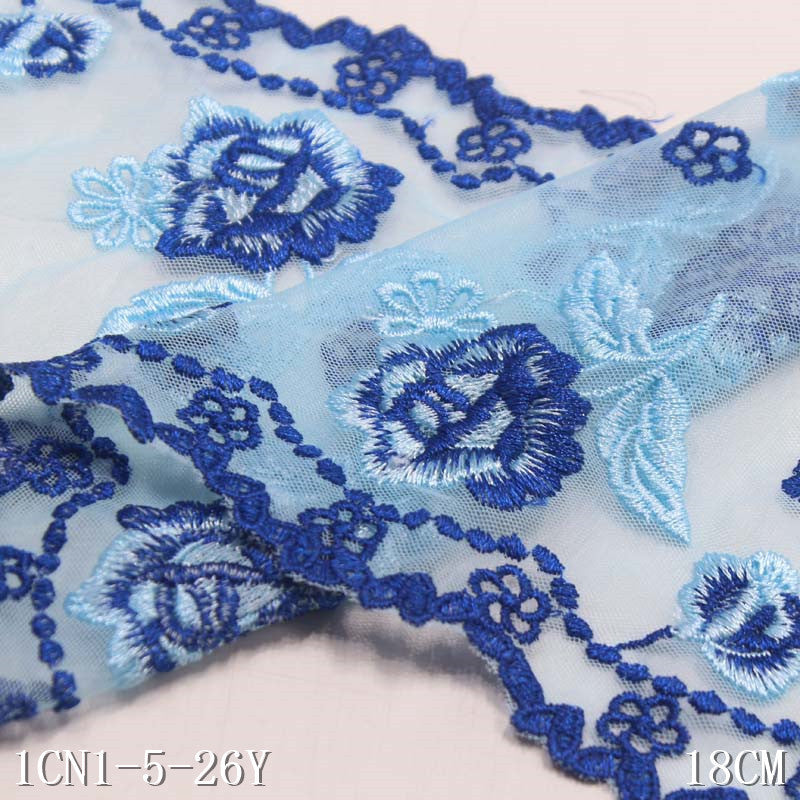 【1pack】-Freedombeauty | Blue Grenadine Bilateral Texture Flowers Print Embroidery Lace Accessories Curtain DIY Handmade Lace