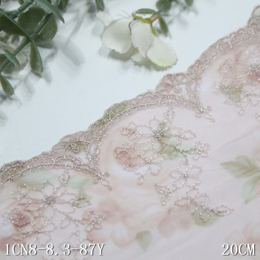 【1pack】-freedombeauty|Printed Mesh Single Edge French Flower Embroidery Lace 20cm Clothing Home Textile Lace Trim DIY