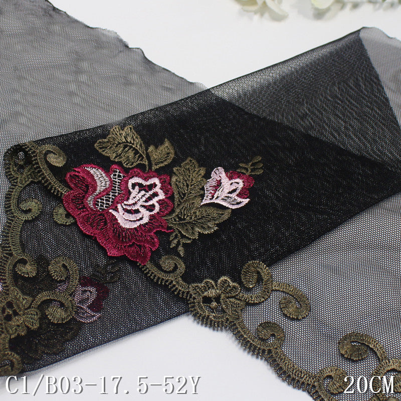 【1pack】-freedombeauty|Black Soft Mesh Single Edge Ancient Style Flower Embroidery Lace Trim Clothing Home Textile Lace Trim DIY