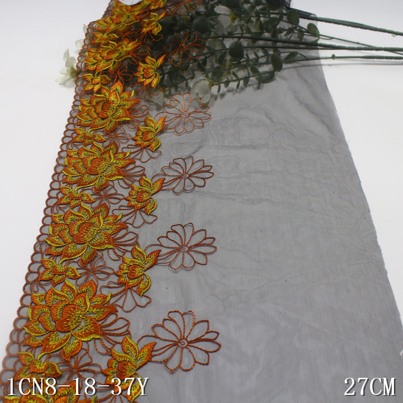 【1pack】-freedombeauty | Black Mesh Single Edge Vintage Flower Embroidery Trim 22cm Curtain Sofa Cushion Lace Trim Accessories