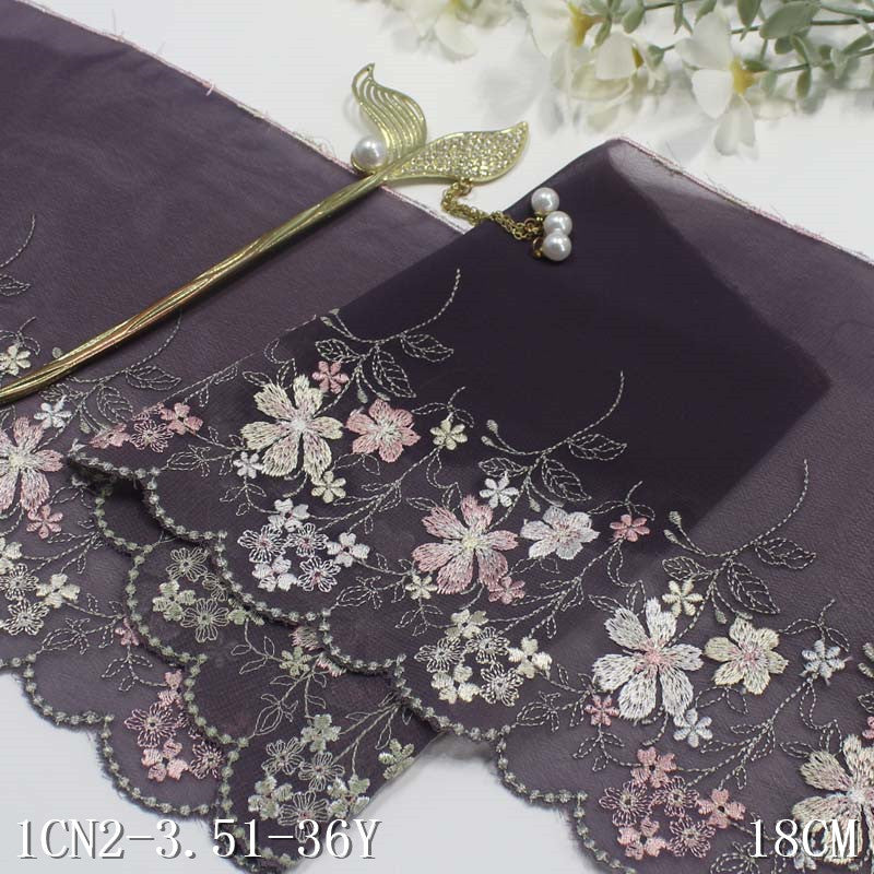 【1pack】-freedombeauty|Gray Purple Chiffon Fabric Single Edge Fresh Floral Embroidery Trim Clothing Curtain Lace Trim Accessories
