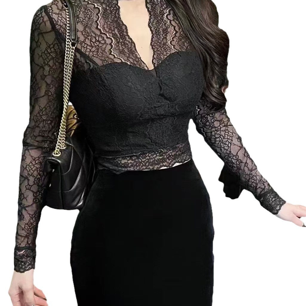 freedombeauty|Lace Base Shirt for Women, Long Sleeve, Half Turtleneck, Spring/Summer Inner Wear, Hollow Out, Super Fairy, Stylish, Sexy Mesh, Versatile Top and Dress