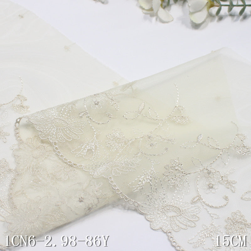 【1pack】-freedombeauty|Multicolor Single-Sided Japanese Style Silver Thread Flower Mesh Embroidery 15cm Clothing Home Textile Lace Trim DIY