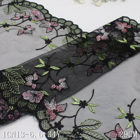 【1pack】-freedombeauty|Black Vintage Early Spring Double Wave Color Block Floral Leaf Embroidery Trim 29cm Home Textile Curtain Tablecloth Accessories DIY