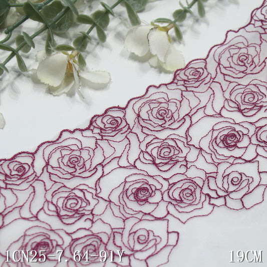 【1pack】-Freedombeauty | Pink One Side Half Rose Light Mesh Embroidery 19cm Clothing Home Textile Lace Accessories DIY