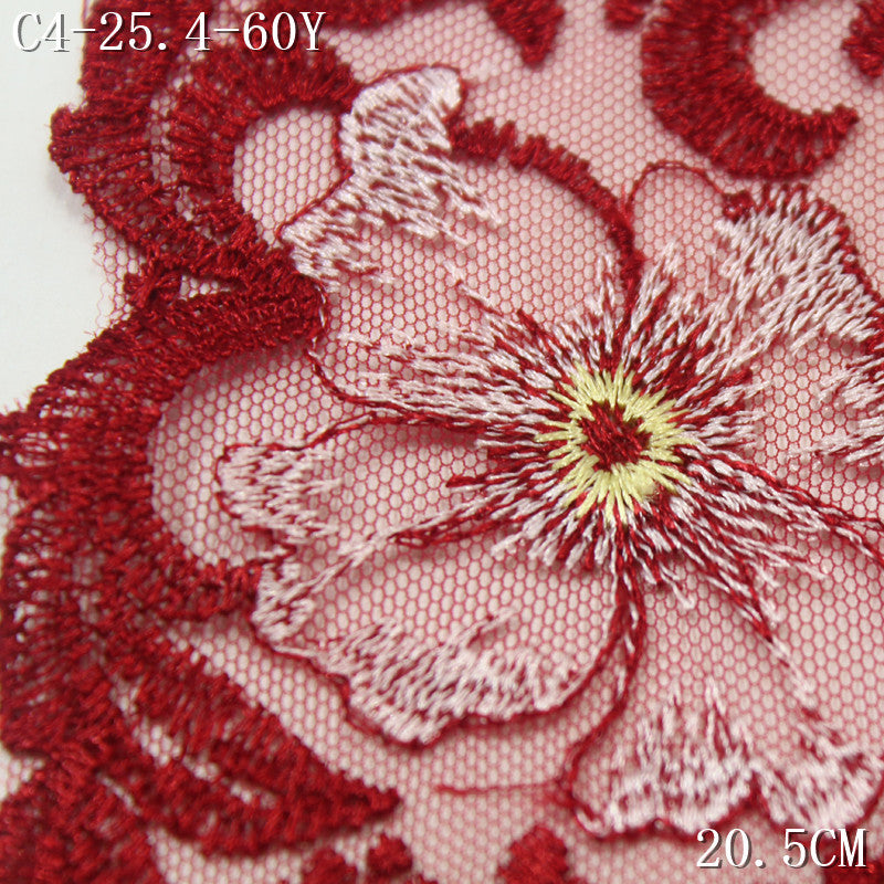 FREEDOMBEAUTY | Red mesh embroidery lace retro polyester thread flower cluster 20.5cm clothing home textile lace accessories