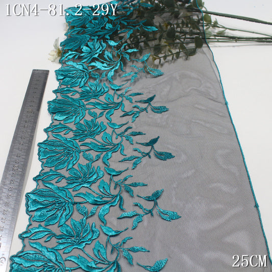 【1Pack】-Freedombeauty | European and American black mesh yarn pressed yarn bright dark green texture flower embroidery 25cm high-end clothing accessories