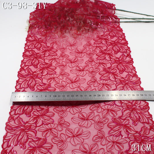 FREEDOMBEAUTY | Chinese Red Bilateral Sequins Flower Mesh Embroidered Lace 31cm Wedding Dress Up Lace Accessories