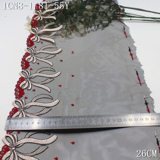 【1Pack】-Freedombeauty | Black mesh single-sided bow floral decoration party embroidery lace 26cm clothing jewelry home textile accessories