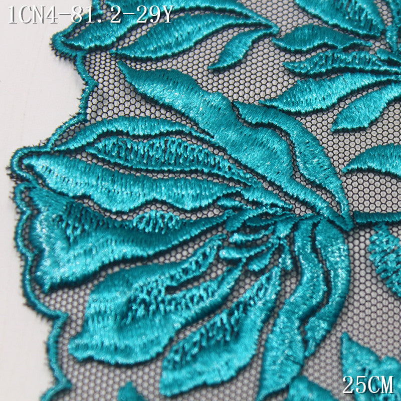 【1Pack】-Freedombeauty | European and American black mesh yarn pressed yarn bright dark green texture flower embroidery 25cm high-end clothing accessories