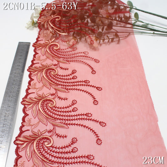 FREEDOMBEAUTY | Dark red curly grass pattern phoenix tail mesh embroidery lace, national style clothing Hanfu lace accessories DIY
