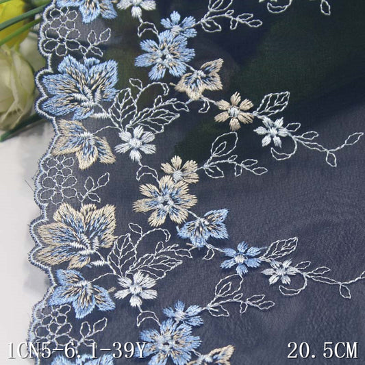 FREEDOMBEAUTY | Dark blue unilateral color matching flower pattern chiffon cloth embroidery lace 20.5cm clothing accessories