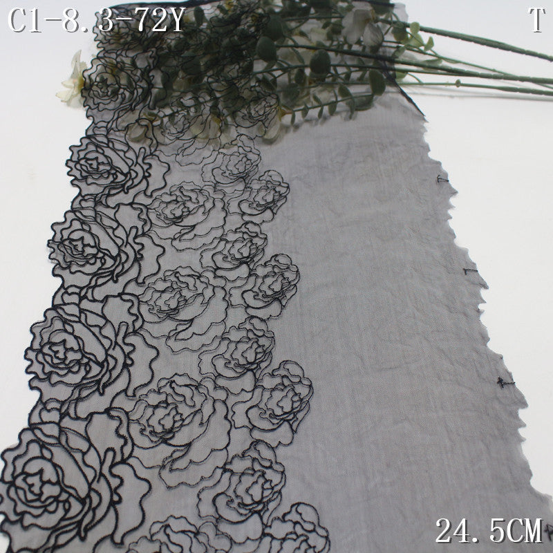 【1Pack】-Freedombeauty | Black mesh yarn simple unilateral tracing tight floral embroidery lace 24.5cm clothing accessories