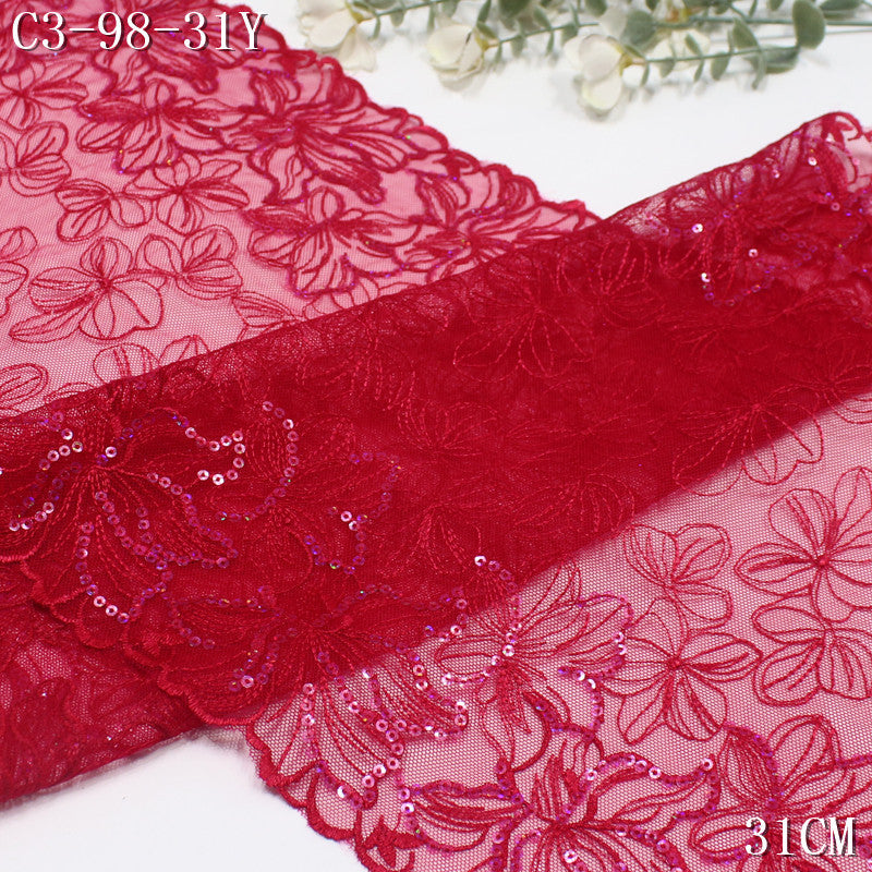 FREEDOMBEAUTY | Chinese Red Bilateral Sequins Flower Mesh Embroidered Lace 31cm Wedding Dress Up Lace Accessories