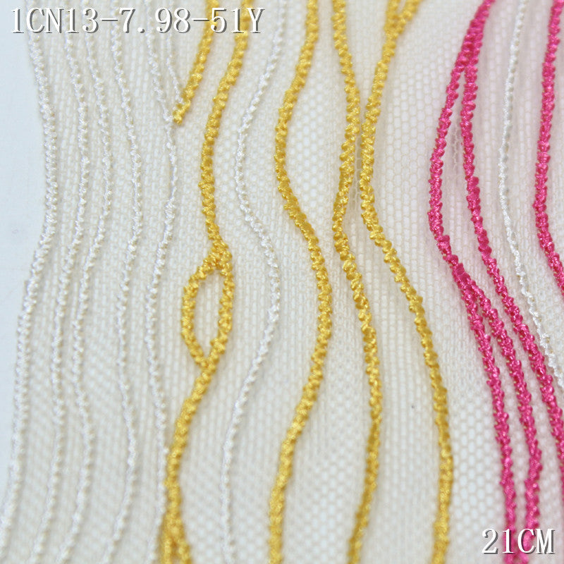 【1Pack】-Freedombeauty | Fashion yellow pink and white color matching wavy line pattern embroidery lace 21cm clothing accessories handmade accessories