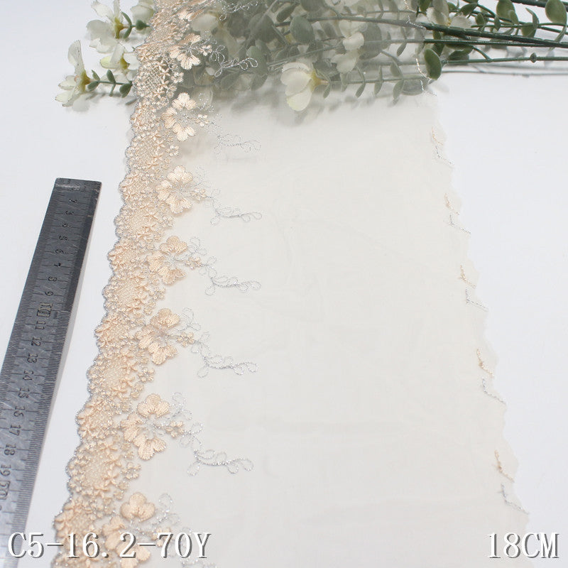 【1pack】-freedombeauty|Apricot Mesh Single Edge Silver Thread Flower Embroidery Trim 18cm Curtain Sofa Cushion Lace Trim Accessories