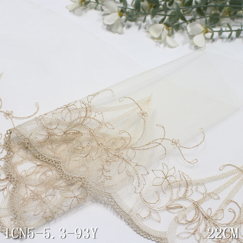 【1pack】-Freedombeauty | Unilateral Vintage Gold Thread Floral Mesh Embroidery Lace 22cm Clothing Home Textile Lace Accessories DIY