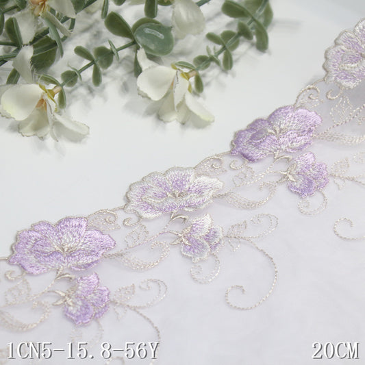 【1pack】-freedombeauty|Purple Mesh Single Edge Textured Flower Embroidery Trim 20cm Clothing Home Textile Lace Trim DIY Accessories