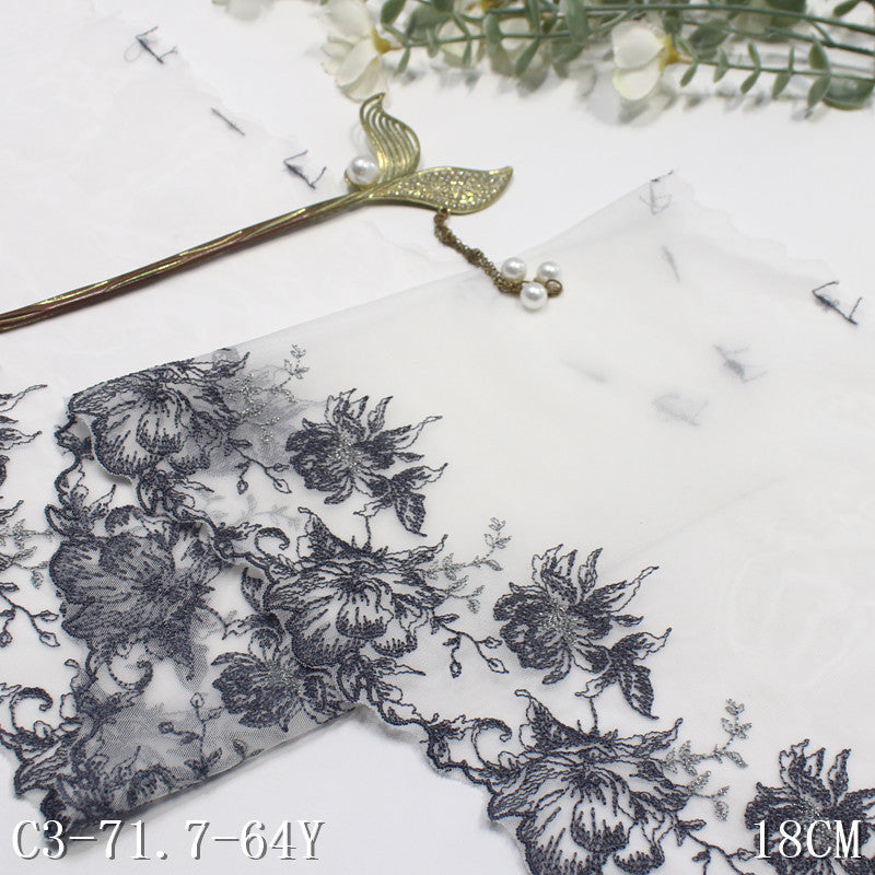 【1pack】-freedombeauty|White Mesh Single Edge Silver Thread Ancient Style Flower Embroidery Trim Clothing Home Textile Lace Trim Accessories DIY