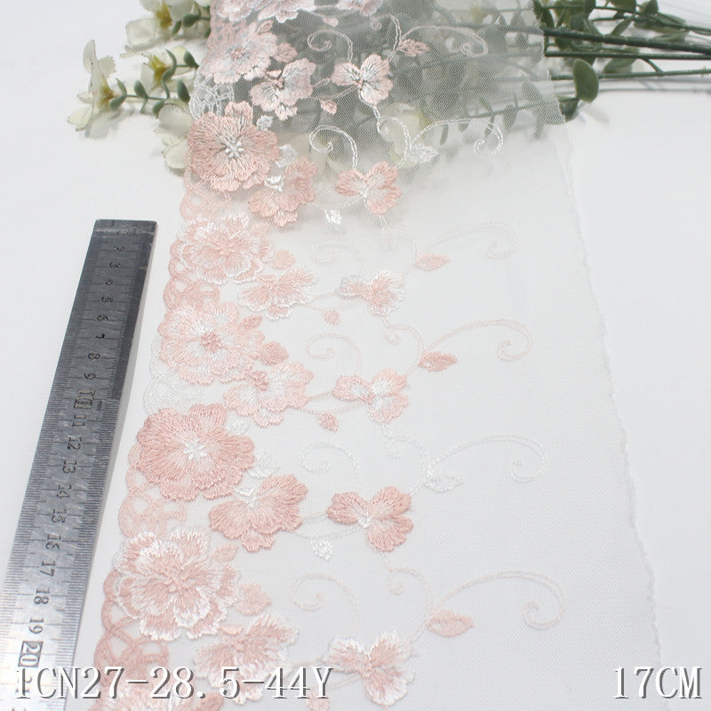 【1pack】-Freedombeauty | Pink Mesh Unilateral Vintage Flower Embroidery Lace 17cm Clothing Home Textile Lace Accessories DIY