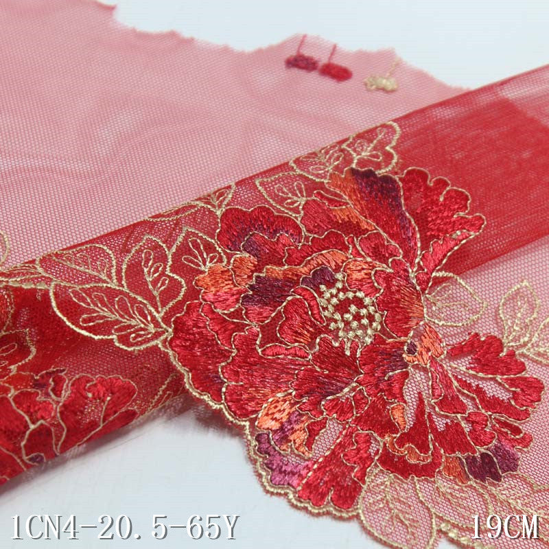 【1pack】-freedombeauty|Red Mesh Single-Sided Classic Large Flower Pattern Embroidered Lace Trim for Curtains and Lingerie