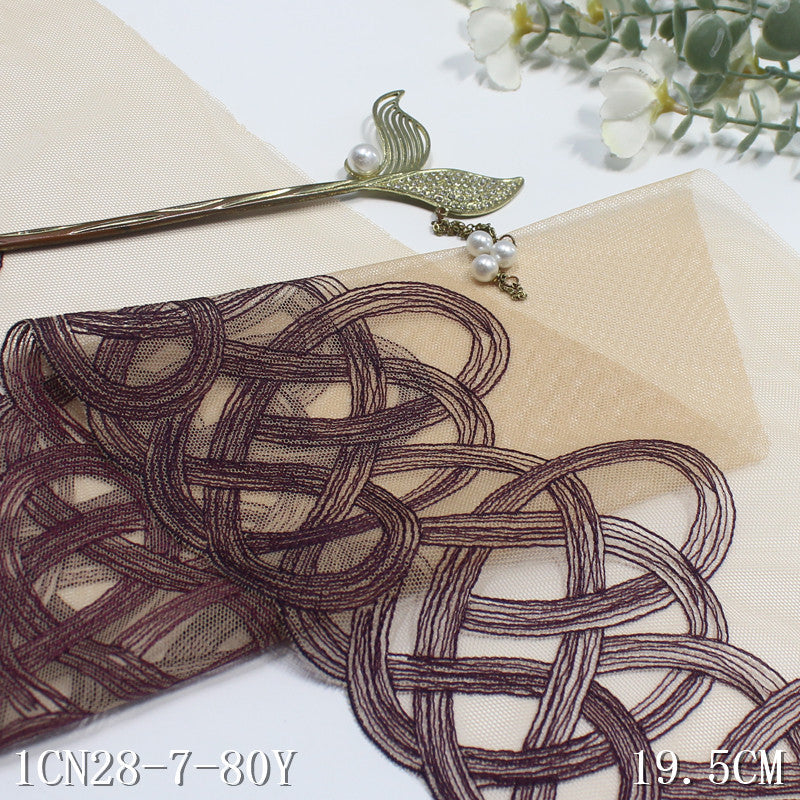 【1pack】-freedombeauty|Skin Tone Mesh Single Side Ancient Style Line Embroidery Lace Trim 26cm Curtain Sofa Cushion Lace Trim Accessories