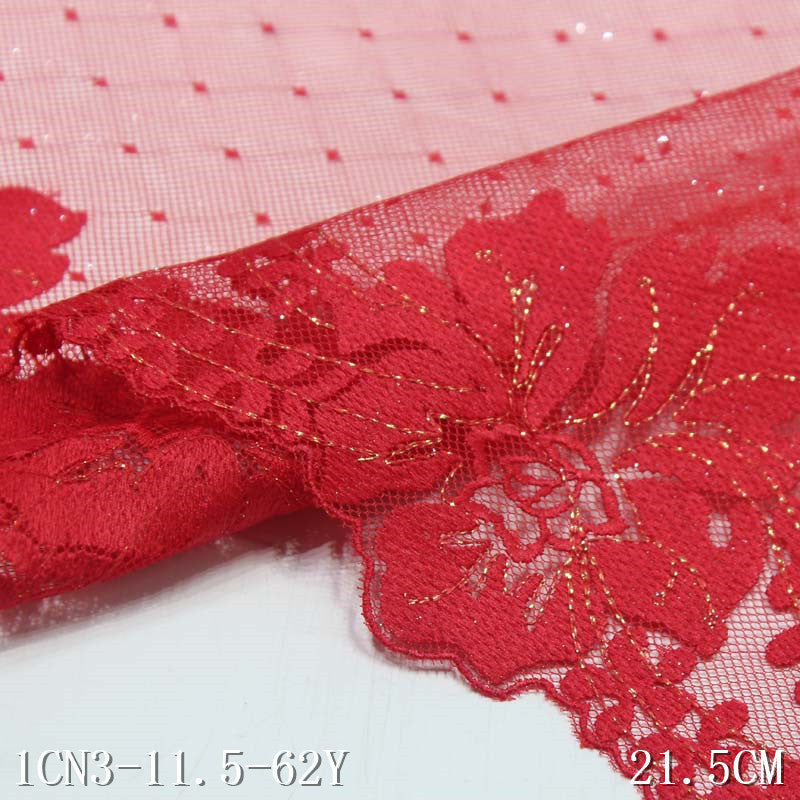 【1pack】-freedombeauty|Red Mesh Pressed Gauze Large Flower with Gold Thread and Gold Powder Embroidery Trim, Festive Curtain Trim