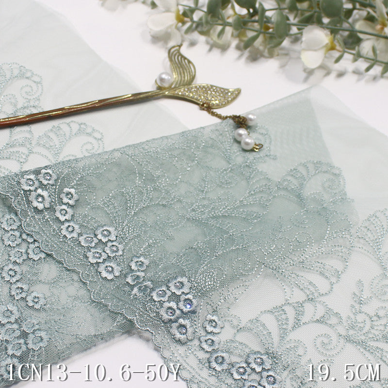 【1pack】-freedombeauty|Green French Style Single-Sided Silver Thread Small Flower Mesh Embroidery 19cm Curtain Sofa Cushion Lace Trim Accessories