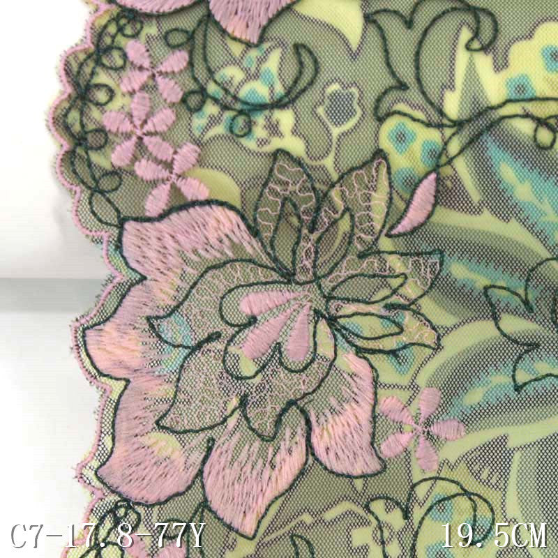【1pack】-freedombeauty|In Stock Single Side Green Printed Mesh Base Pink Flower Performance Costume Accessories Embroidered Lace Width 19.5cm