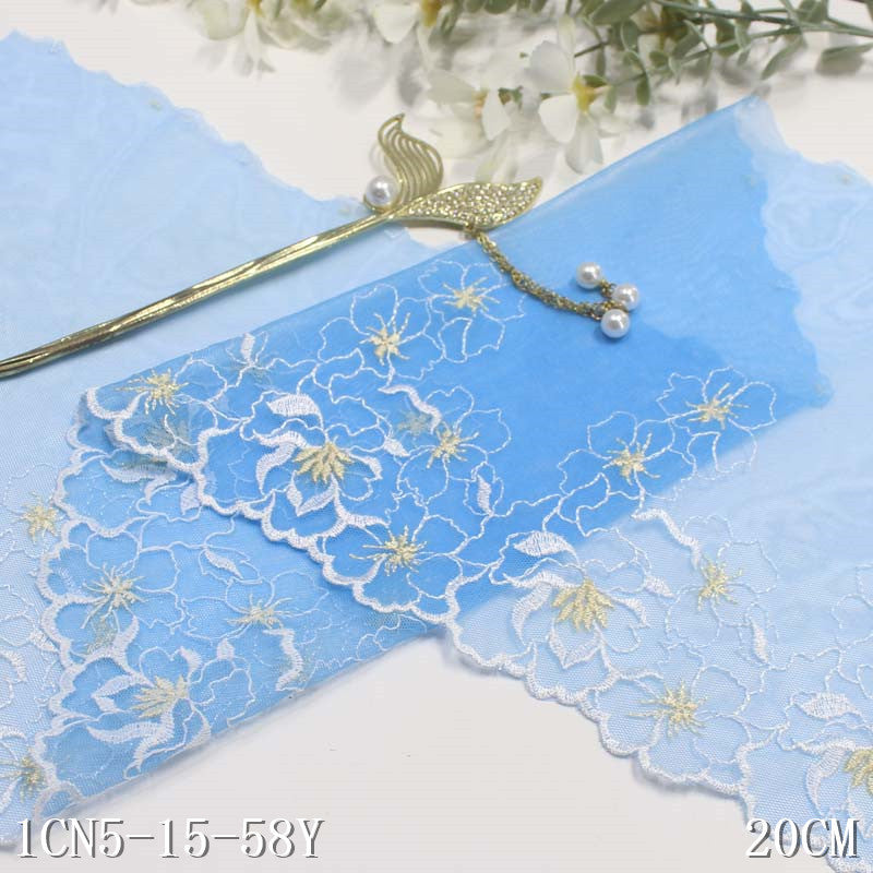 【1pack】-freedombeauty|Blue Mesh Single Side Simple Polyester Thread Flower Embroidery Trim DIY Curtain Clothing Lace Trim Accessories