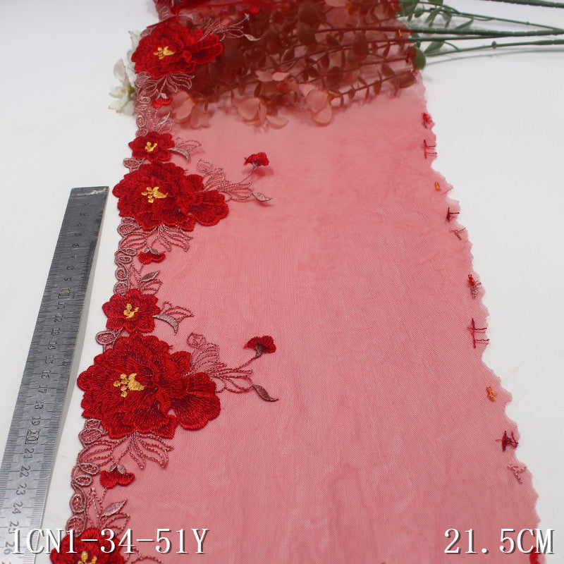 【1pack】-freedombeauty|Red Single-Sided Classic Chinese Style Exquisite Peony Mesh Embroidery Cheongsam Clothing Accessories Wedding Dress Headwear DIY