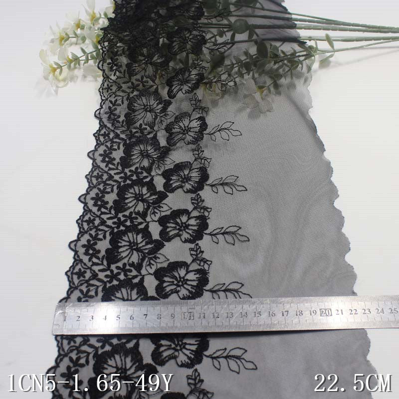 【1pack】-freedombeauty|Black Mesh Single-Sided Polyester Thread Flower Embroidery Trim Clothing Curtain Sofa Cushion Lace Trim Accessories