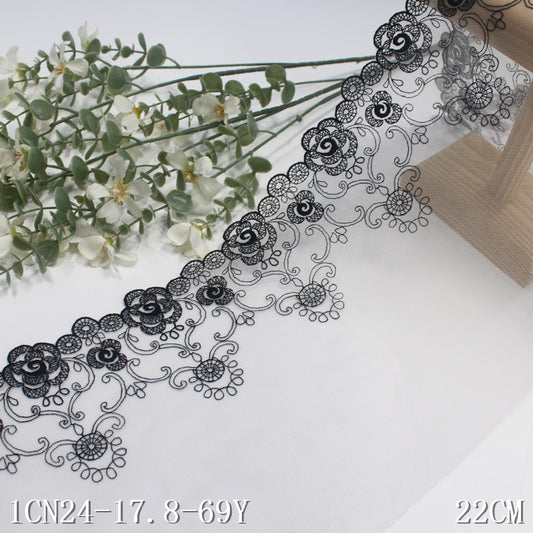 【1pack】-freedombeauty|Pink Mesh Single Edge Vintage Flower Embroidery Trim 22cm Curtain Sofa Cushion Lace Trim Accessories