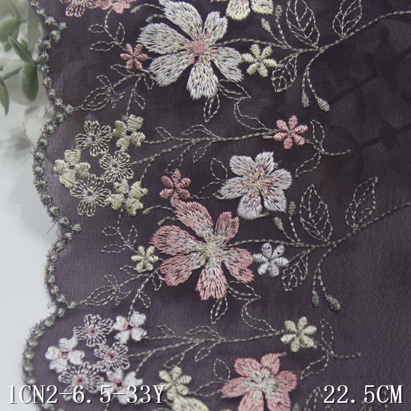 【1pack】-freedombeauty|Gray Purple Chiffon Fabric Single Edge Fresh Floral Embroidery Trim Clothing Curtain Lace Trim Accessories