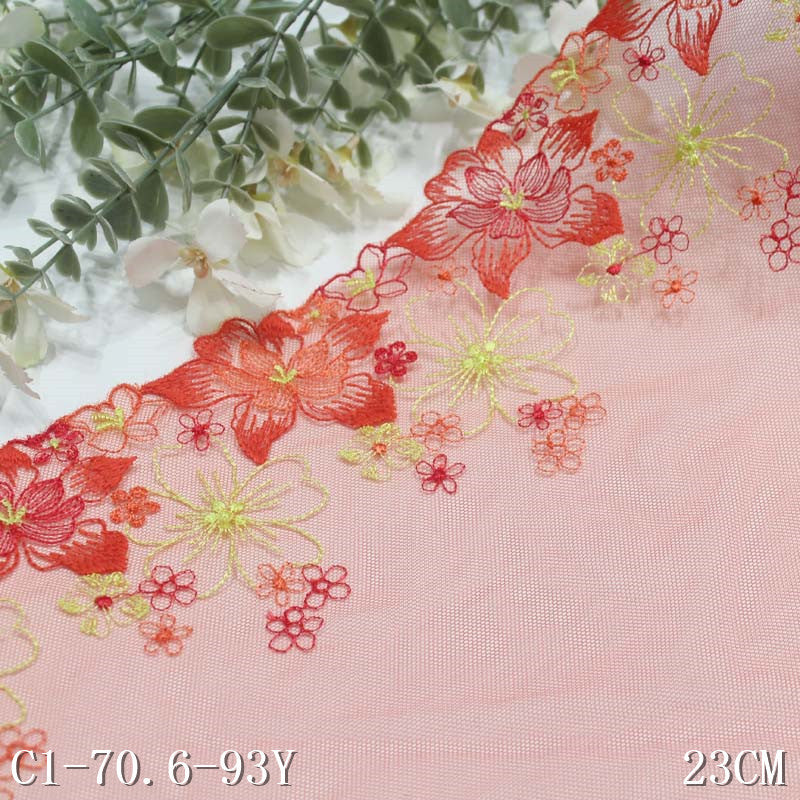 【1pack】-freedombeauty|Red Mesh Single-Sided Color-Block Polyester Thread Flower Embroidery Trim DIY Clothing Curtain Lace Trim Accessories