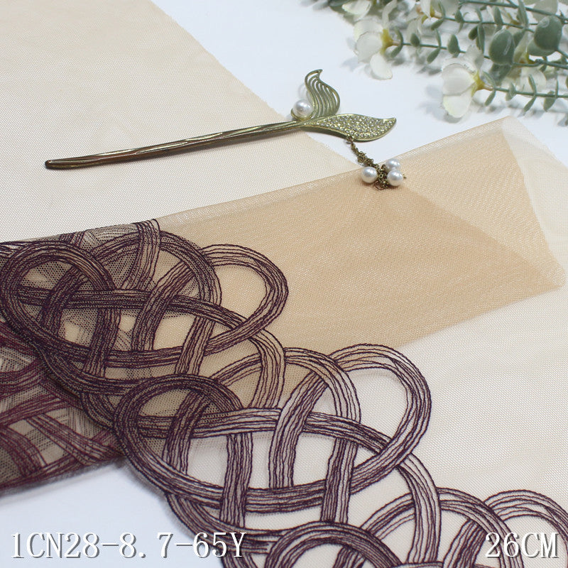 【1pack】-freedombeauty|Skin Tone Mesh Single Side Ancient Style Line Embroidery Lace Trim 26cm Curtain Sofa Cushion Lace Trim Accessories