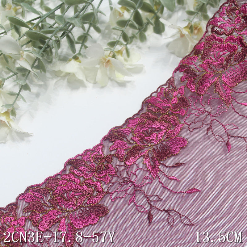 【1pack】-freedombeauty|Rose Red Mesh Single Edge Gold Thread Flower Embroidery Trim Clothing Curtain 13cm Lace Trim Accessories