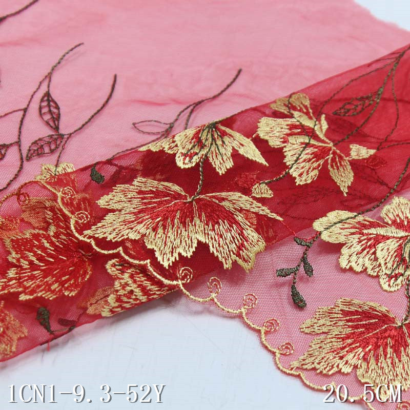【1pack】-freedombeauty|Red Mesh Single-Sided Exquisite Flower Branch Pattern Embroidery Trim Accessories Sofa Cushion Curtain Trim