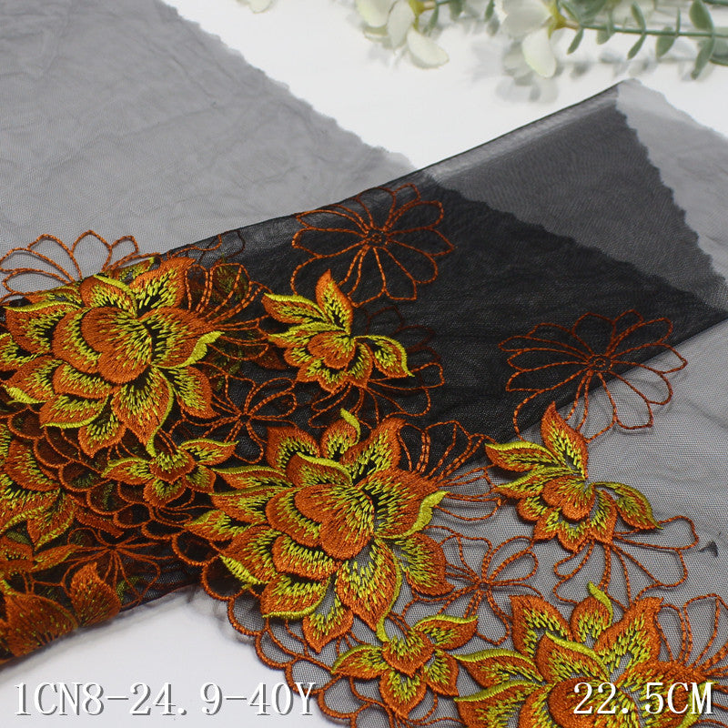 【1pack】-freedombeauty | Black Mesh Single Edge Vintage Flower Embroidery Trim 22cm Curtain Sofa Cushion Lace Trim Accessories