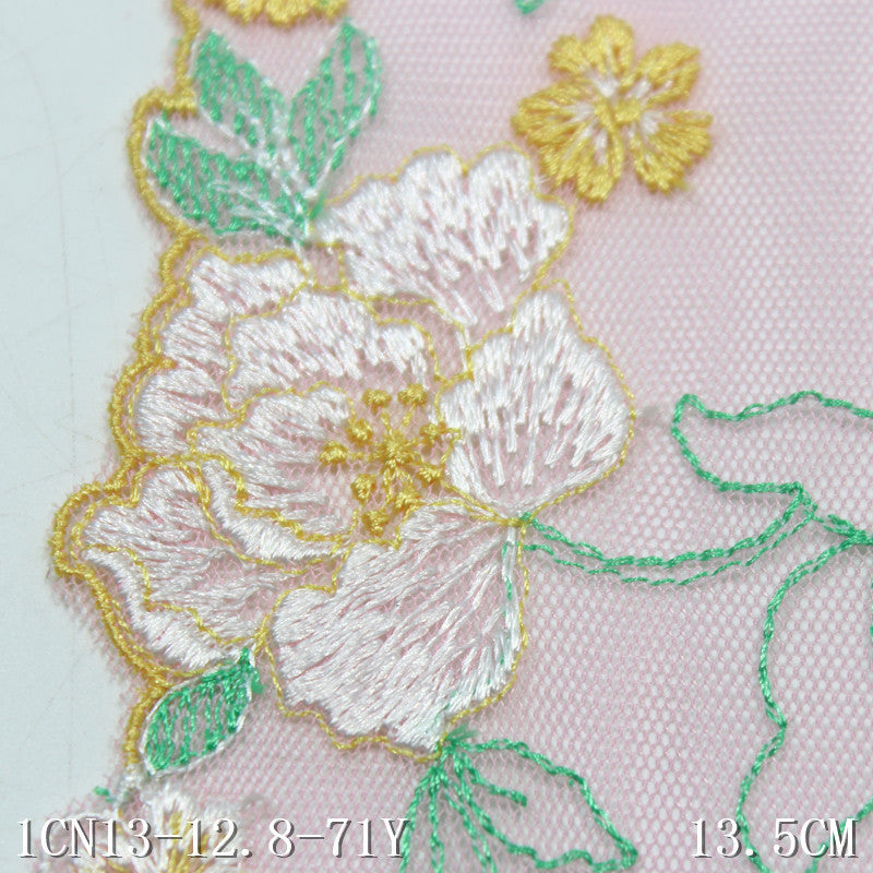 【1pack】-freedombeauty|Pink Mesh Single-Sided Two-Tone Flower Embroidery Lace Trim 13cm Clothing Home Textile Lace Trim Accessories