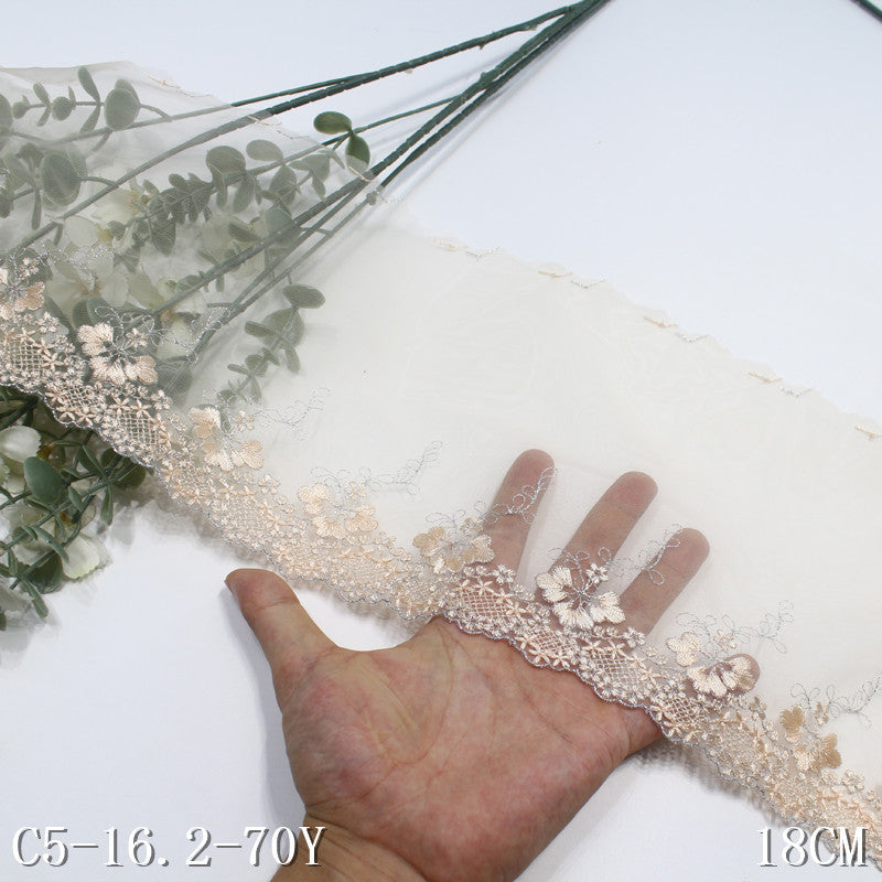 【1pack】-freedombeauty|Apricot Mesh Single Edge Silver Thread Flower Embroidery Trim 18cm Curtain Sofa Cushion Lace Trim Accessories