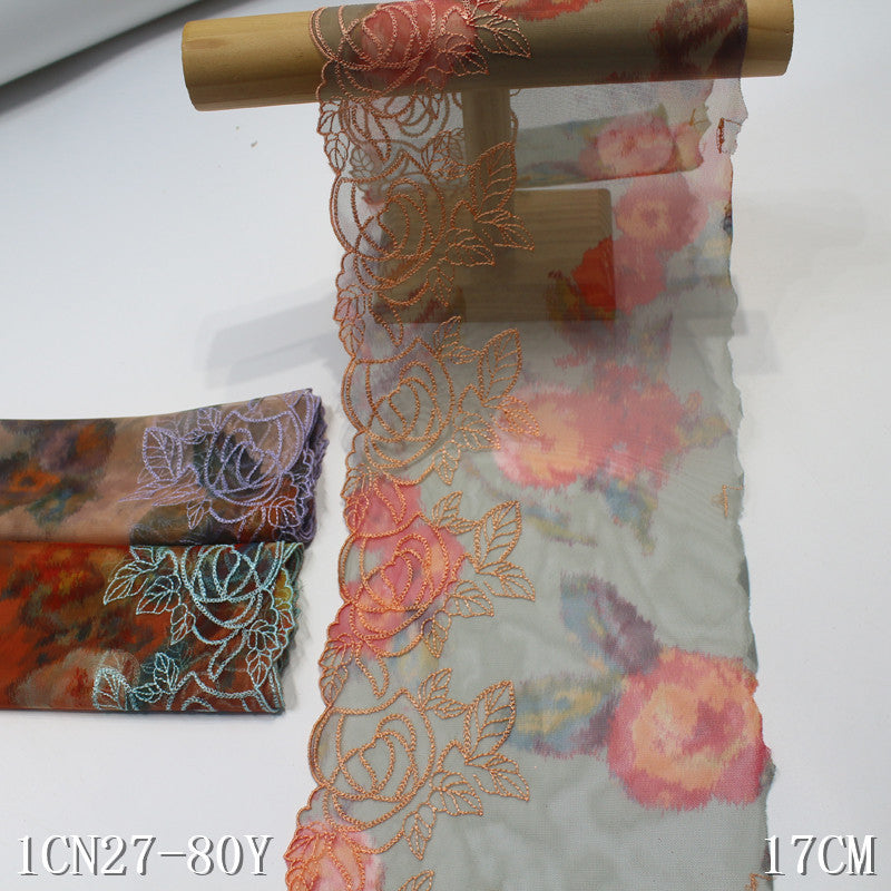 【1pack】-freedombeauty|Printed Mesh Single Edge Vintage Flower Embroidery Trim 18cm Curtain Sofa Cushion Lace Trim Accessories
