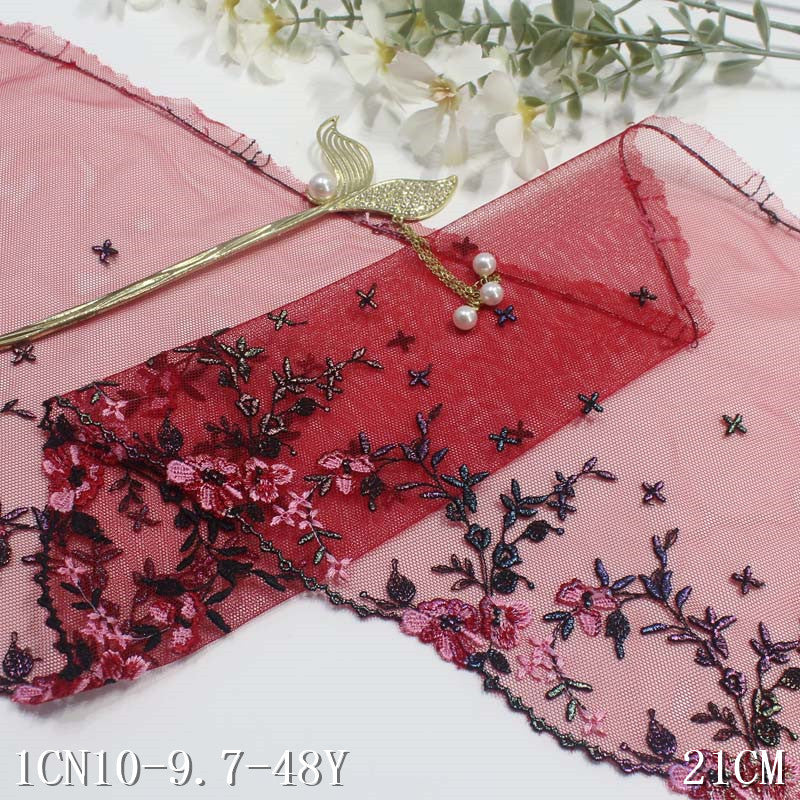 【1pack】-freedombeauty|Red Mesh Single-Sided Ancient Style Gold Stamping Small Flower Embroidery Lace Trim for Lingerie Performance Costume Lace Trim Accessories